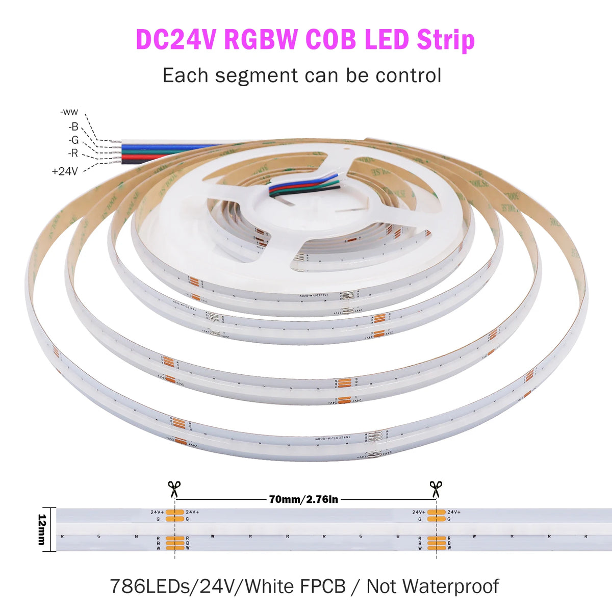 ruban led cob rgbw 24v haute densité étanche adhésif décoration intérieur extérieur moderne