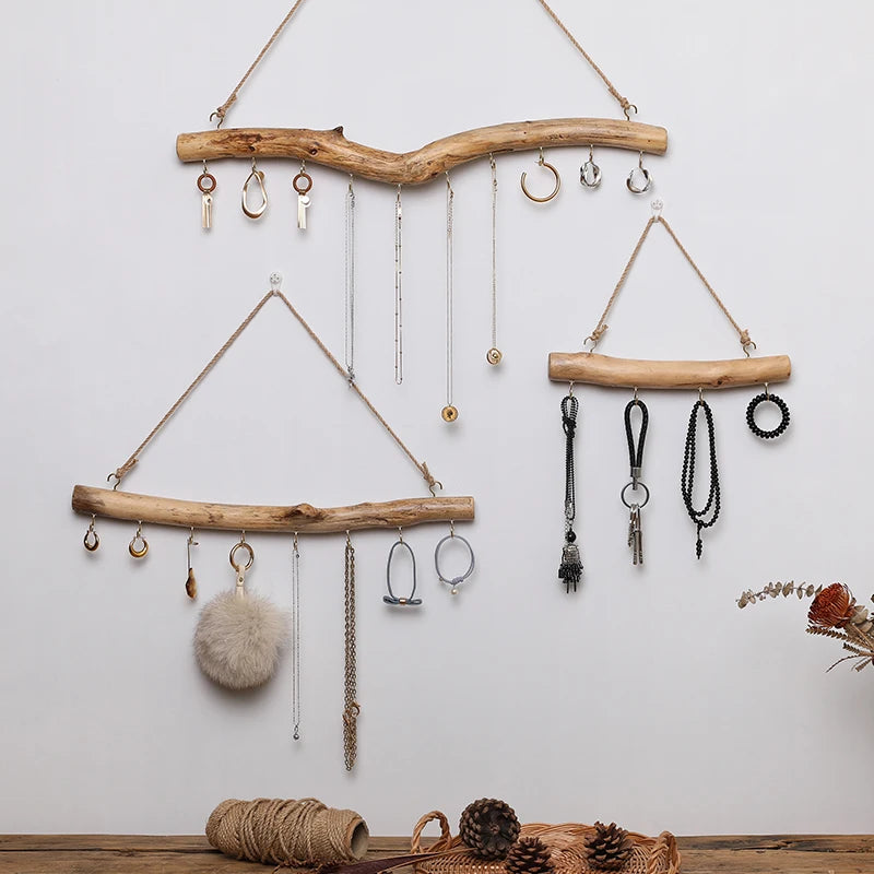 porte bijoux bois flotté rustique naturel grain bois 12 crochets boucles oreilles pendentifs bracelets