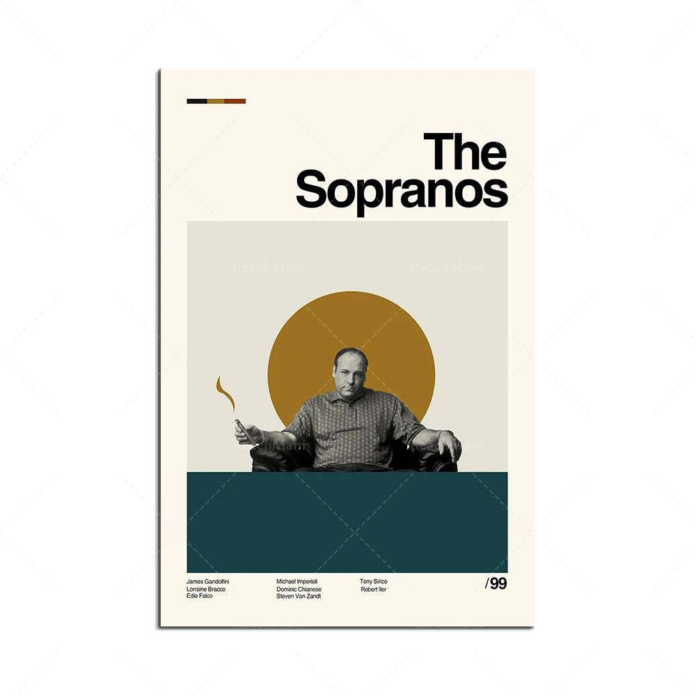 Illustration de couverture d'un DVD représentant une personnage masculin assis sur un fauteuil, entouré d'un cercle lumineux avec le titre "The Sopranos" et les noms des acteurs principaux.