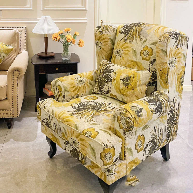 fauteuil classique bleu damassé coussin tissu composite bois sponge chambre salon minimaliste moderne