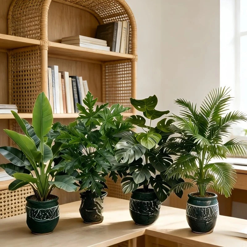 plantes artificielles arbres vertes pots texturés décoration intérieure moderne grande taille feuilles naturelles