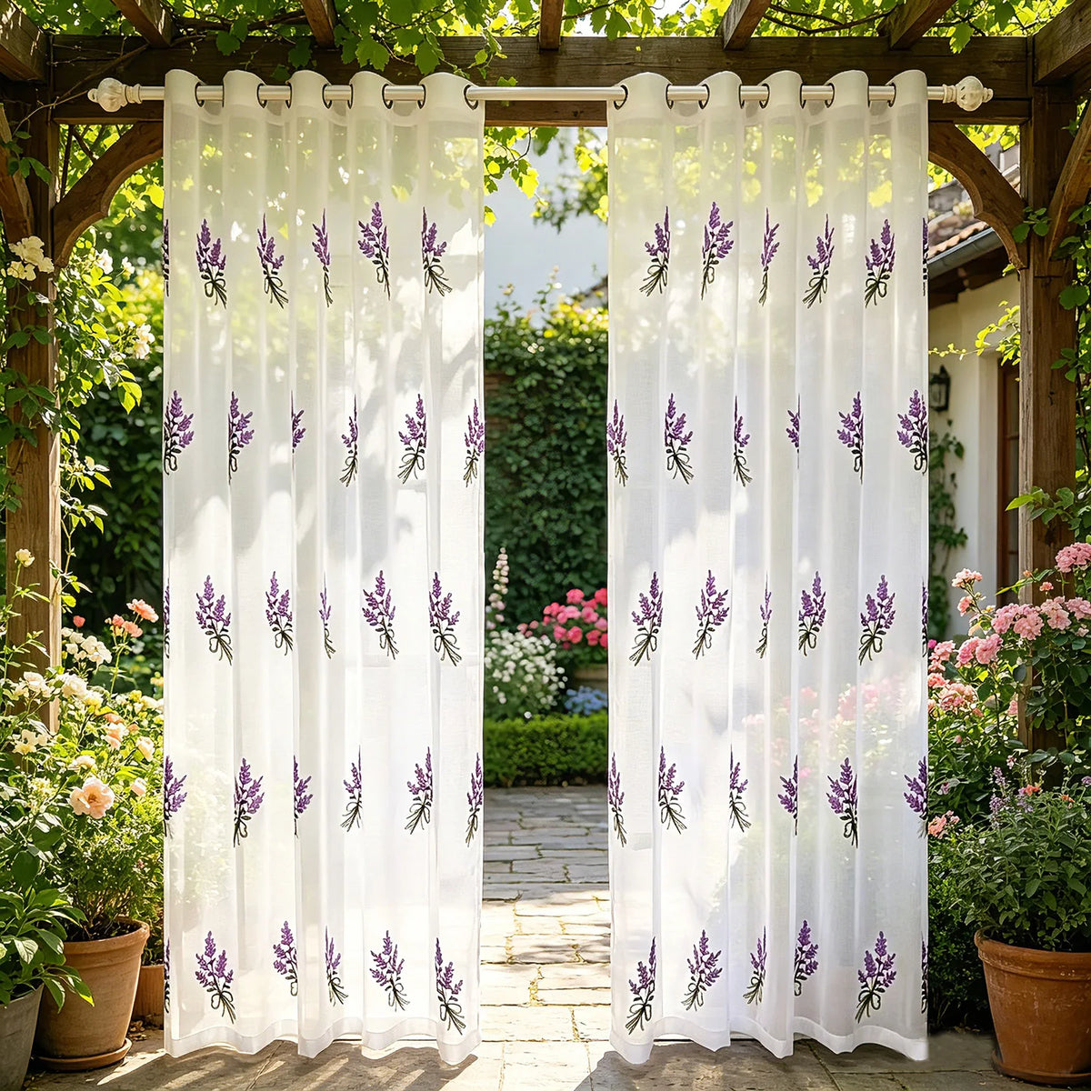 rideau transparent brodé lavande fleurs classique blanc violet vert anneaux métalliques polyester