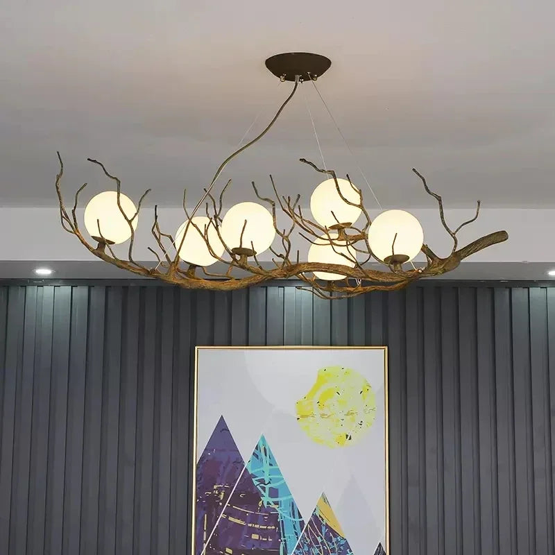 suspension lumineuse moderne branches naturelles sphères translucides beige salon salle manger chambre