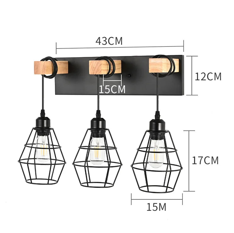 applique murale industrielle triple ampoule noir bois clair vintage mur trois lumières