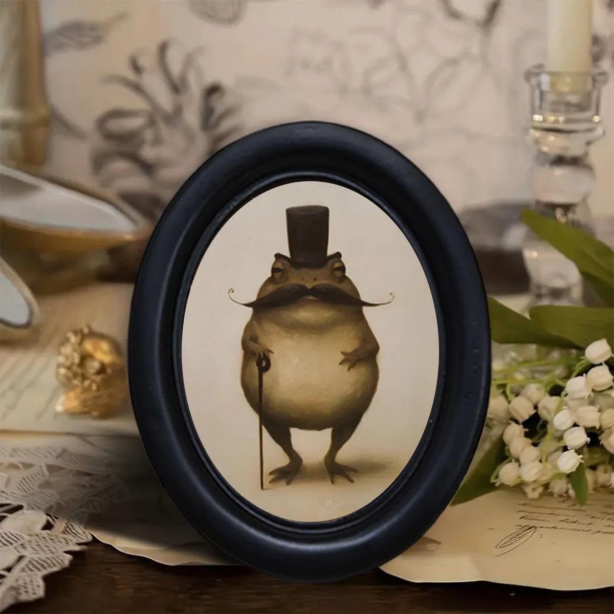 cadre photo ovale noir crapaud moustachu chapeau canne décoration murale classiqueintérieur entrée cadeau