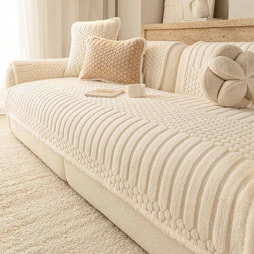 housse canapé sectionnel motif points ronds beige moderne coussins fixation