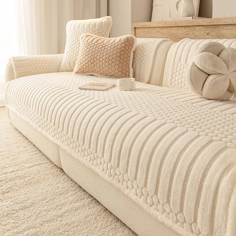 housse canapé sectionnel motif points ronds beige moderne coussins fixation