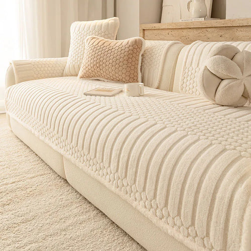 housse canapé sectionnel motif points ronds beige moderne coussins fixation