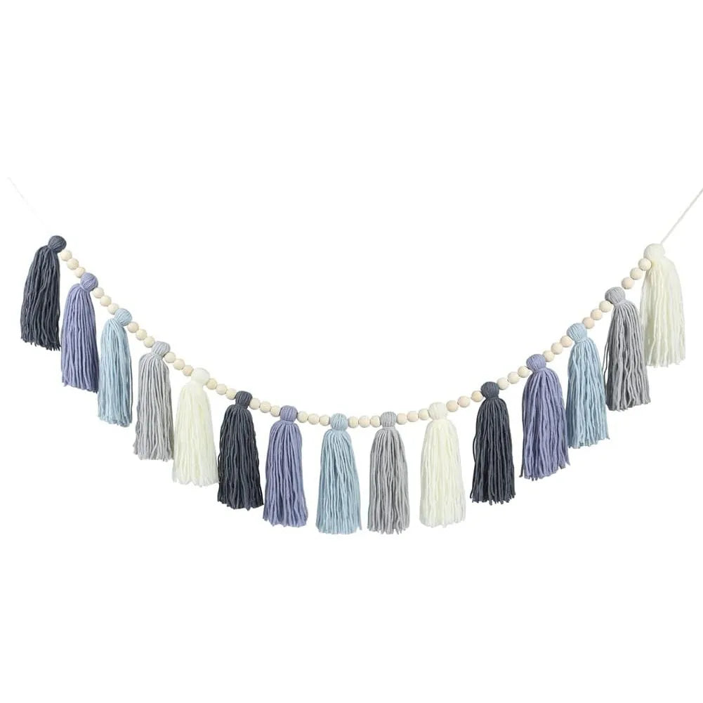guirlande pompons boho beige marron gris rose vert bleu clair tissu 110cm chambre enfant