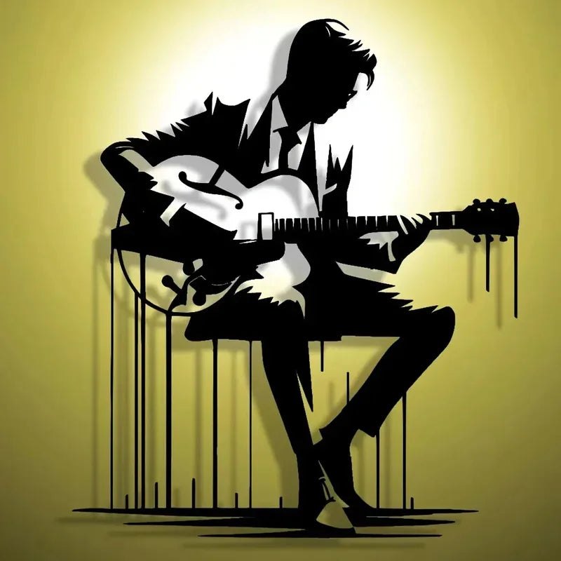 décoration murale silhouette guitariste noir contemporain abstraite métal opacité 26x30cm