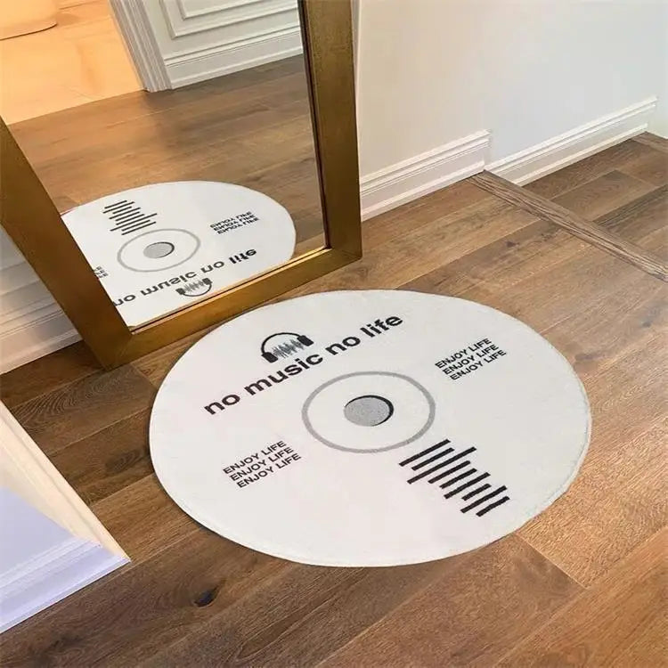 tapis rond géométrique noir lettres blanches motif disque vinyle enjoy life moderne minimaliste polyester