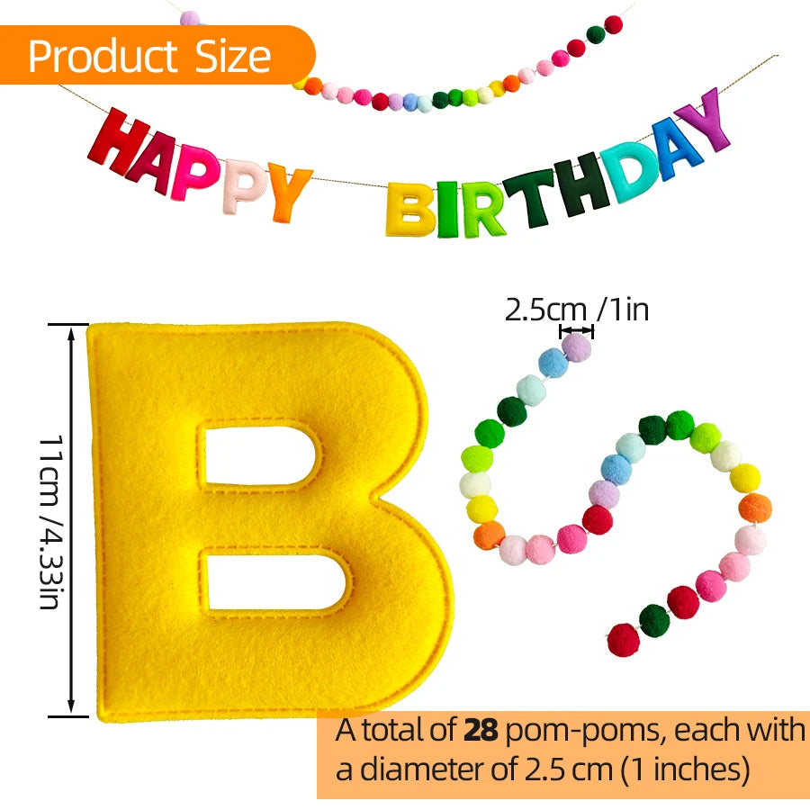 guirlande lettres feutre pompons colorés festives anniversaire decoration lettres relief pompons