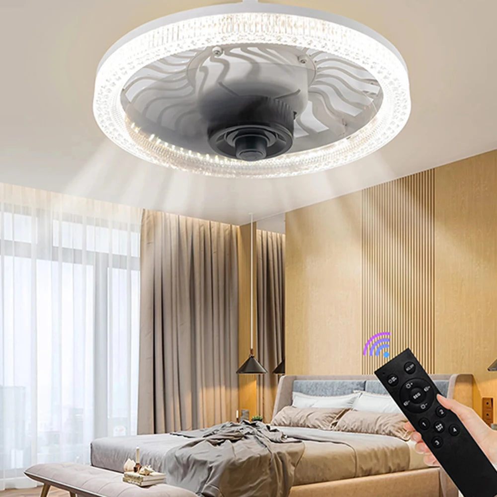 ventilateur led moderne télécommande blanc noir transparent cristal airflow lumiere vitesses