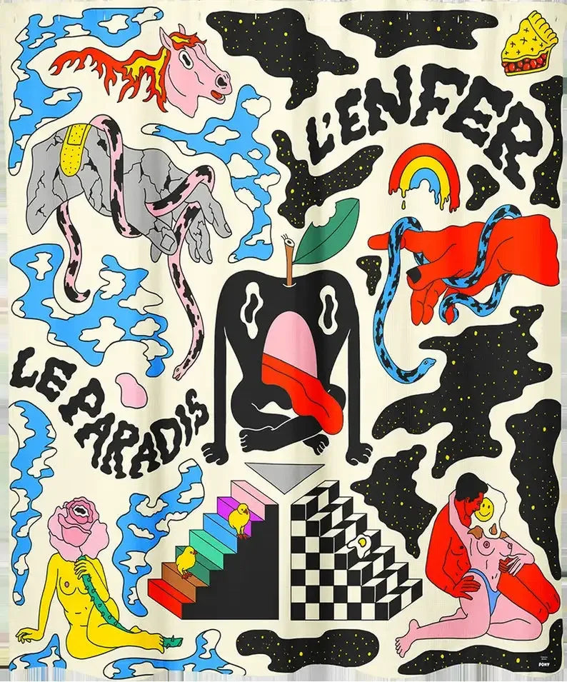 rideau douche graphique surréaliste métalliques personnages animaux fantastiques moderne blanc cassé
