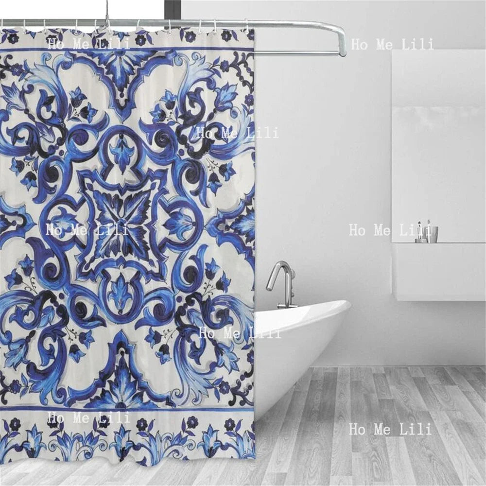 rideau douche polyester floral élégant blanc bleu métalliques classique large dimension
