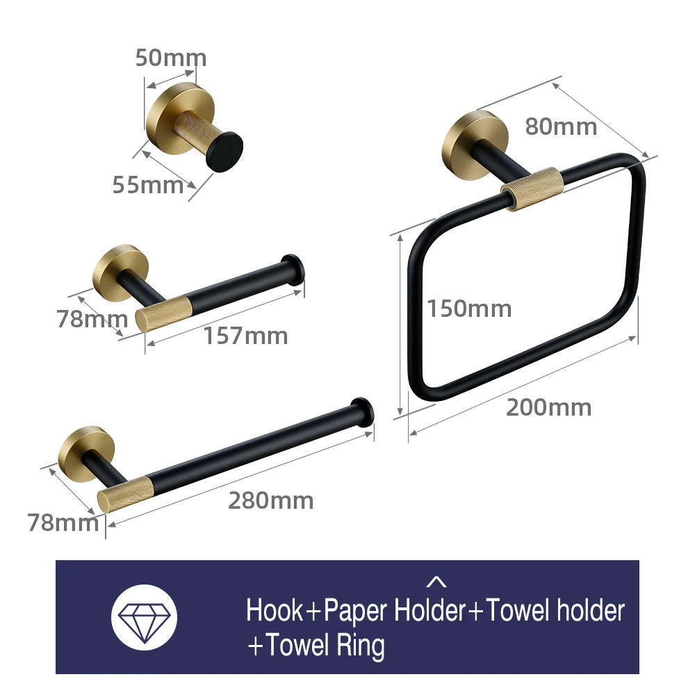 accessoires salle bains porte serviettes moderne porte savon noir doré texture moletée fixations élégants