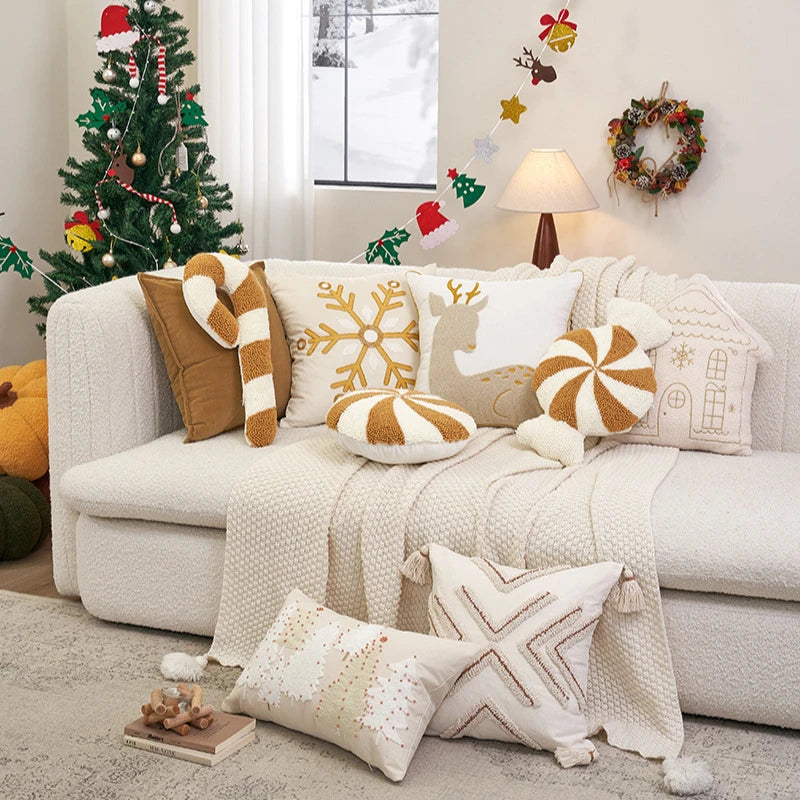 coussin blanc motif flocon doré texture épaisse décoratif noël fixations