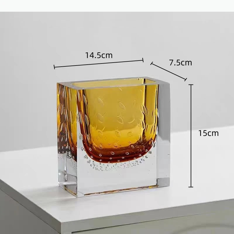 vase verre transparent jaune ambré moderne bulles air texturé fleurs rosesbranches orange