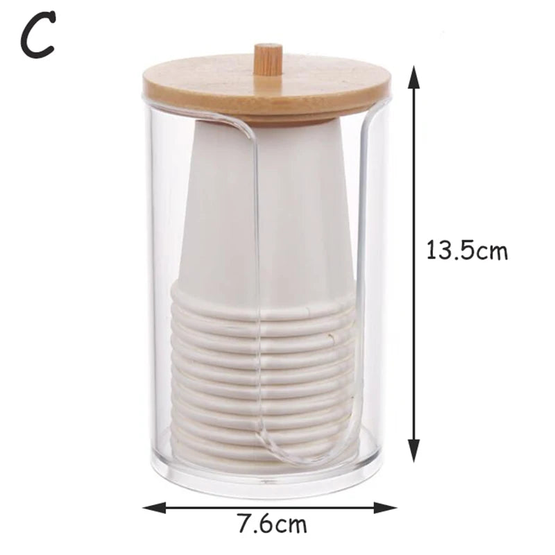 boîtes rangement cosmétiques transparentes couvercle bois moderne coton tige lingettes pinceaux rouges lèvres