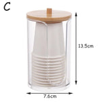 boîtes rangement cosmétiques transparentes couvercle bois moderne coton tige lingettes pinceaux rouges lèvres