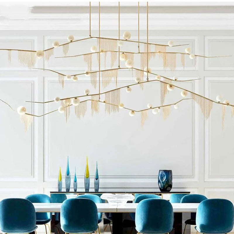 suspension lumineuse moderne dorées franges opalescentes élégante led lumières 180cm doré blanc