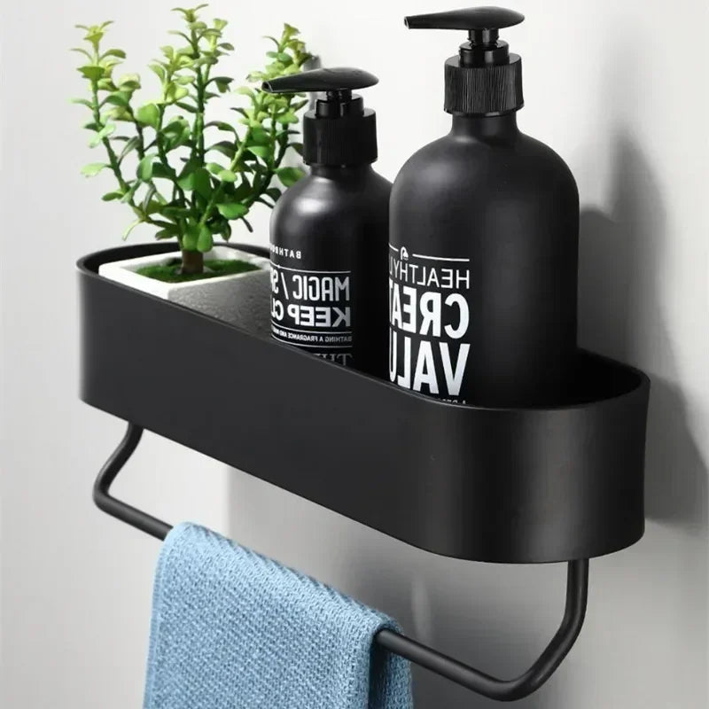 étagère murale moderne noire 30 40 50 cm porte serviettes bouteilles savon plante artificielle