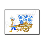 Une scène de fleurs bleues et dorées sur une charrette tirée par une figure fantastique dans un style artistique.