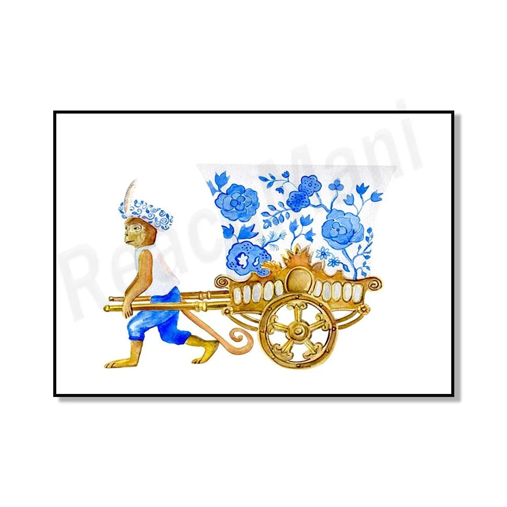 Une scène de fleurs bleues et dorées sur une charrette tirée par une figure fantastique dans un style artistique.