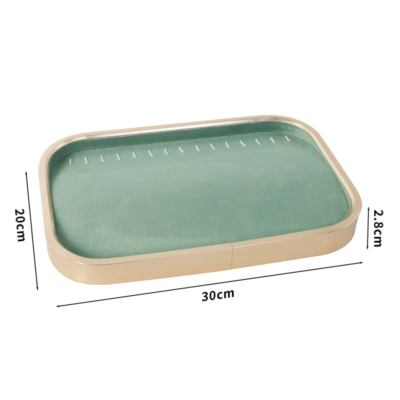 présentoir bijoux boîte velours vert clair moderne pochettes adhésives compartments dorés 30x20cm