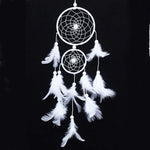 attrape rêves bohème suspendu plumes duvetées filets corde tressée bois blanc bleu violet rose