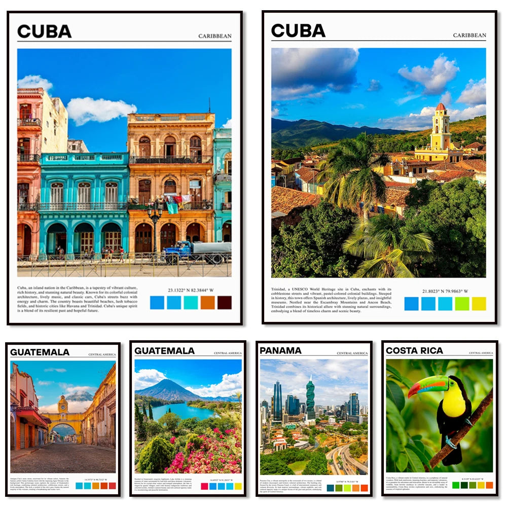 Cette image présente des destinations touristiques dans les Caraïbes et en Amérique centrale, avec des photographies de villes, de paysages et d'une faune locale, accompagnées d'informations sur leurs caractéristiques principales.