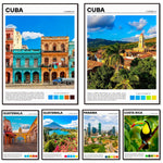 Cette image présente des destinations touristiques dans les Caraïbes et en Amérique centrale, avec des photographies de villes, de paysages et d'une faune locale, accompagnées d'informations sur leurs caractéristiques principales.