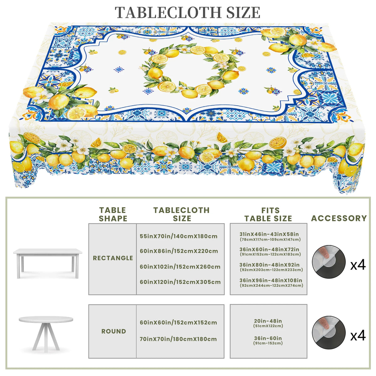 nappe imperméable motif floral citrons table d'été blanche verte extérieure mariage festives clips