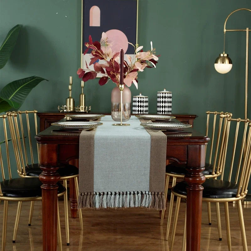 table cheminement lin naturel patchwork beige marron classique maison festif deco