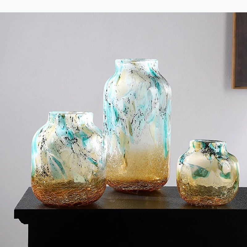 vases modernes marbrés effet craquelé opaques vert blanc jaune doré