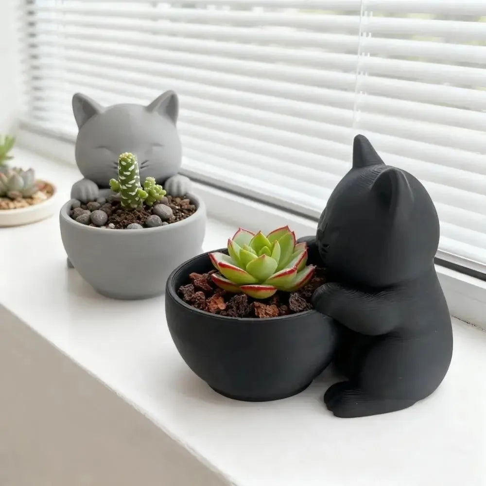 cache pot forme chat gris blanc texture bois moderne plante succulente minimalisteintérieur decoration