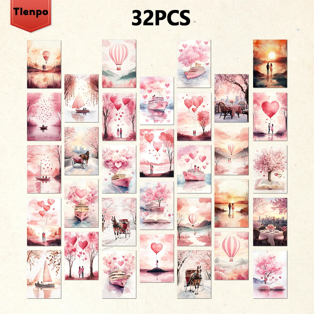 cartes postales aquarelle romantique coeurs montgolfières arbres paysages rose blanc gris vert