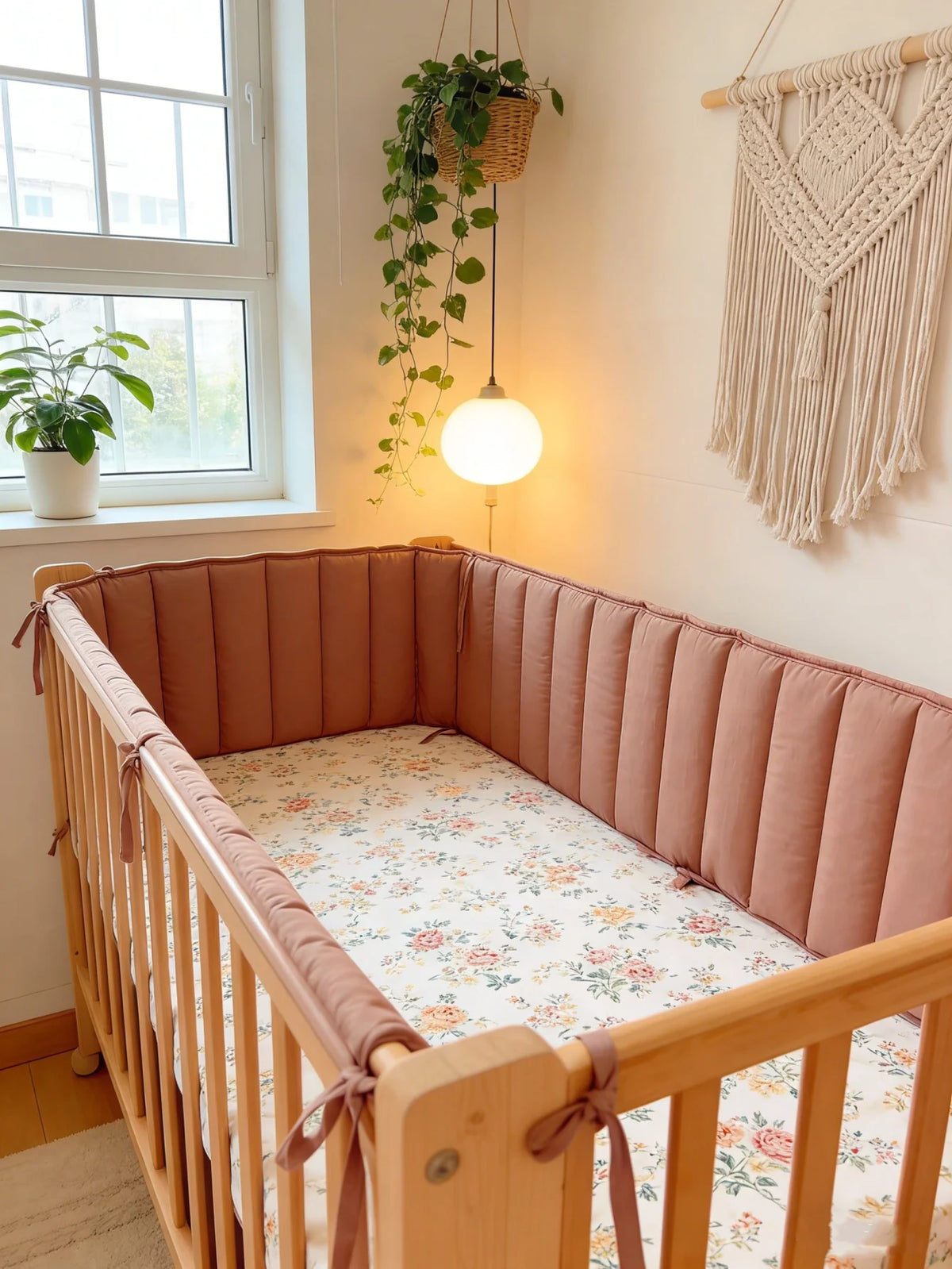 housse protection barrière lit bébé polyester oreiller motif floral moderne minimaliste blanc roseclair