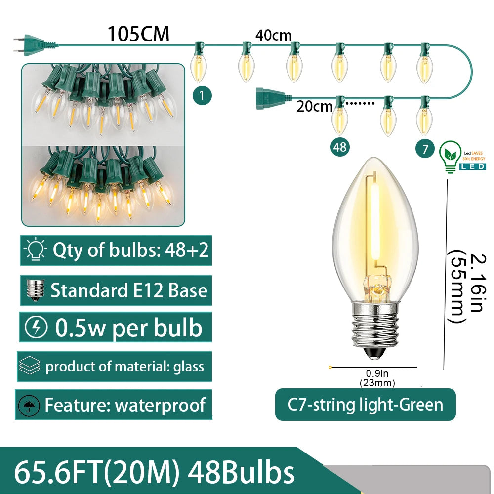 guirlande lumineuse led transparente moderne vert blanc 25ft 10bulb ip44 étanche clips