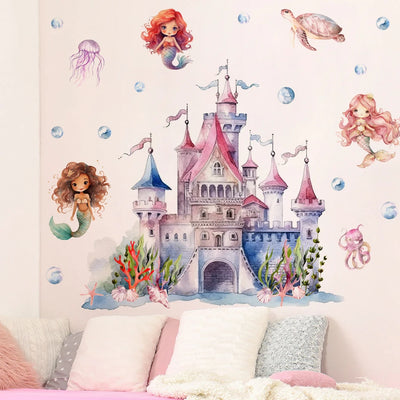 Sticker mural château de sirène monde sous-marin pour chambre d'enfant
