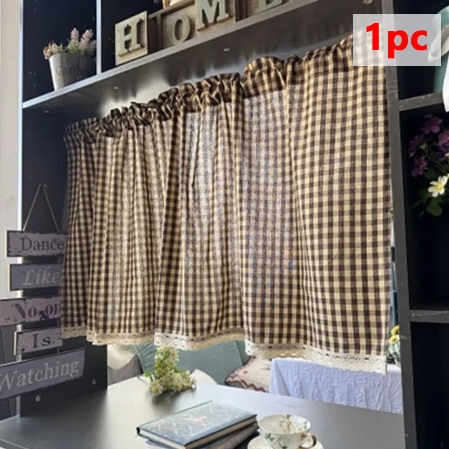 rideau marron clair carreaux gingham vintage polyester ruban dentelle cuisine chambre salon