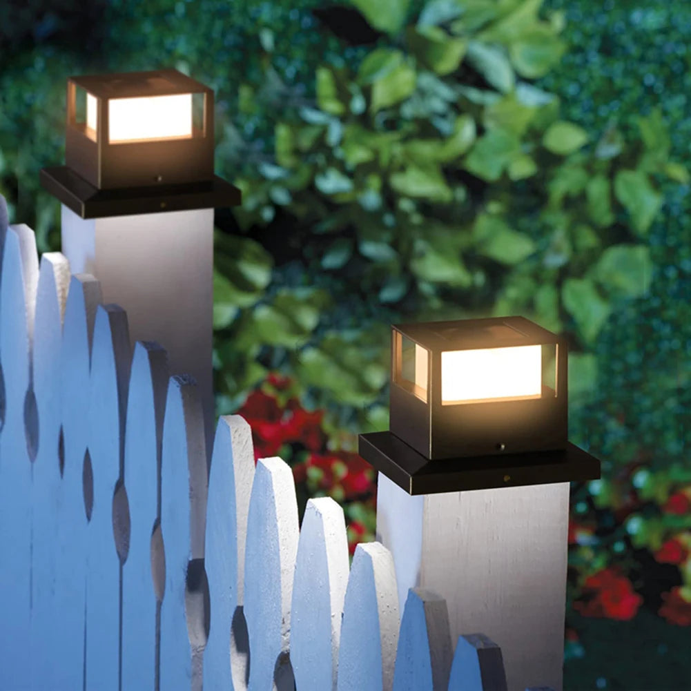 lampe solaire extérieure post bois moderne minimaliste noir bronze jaune led