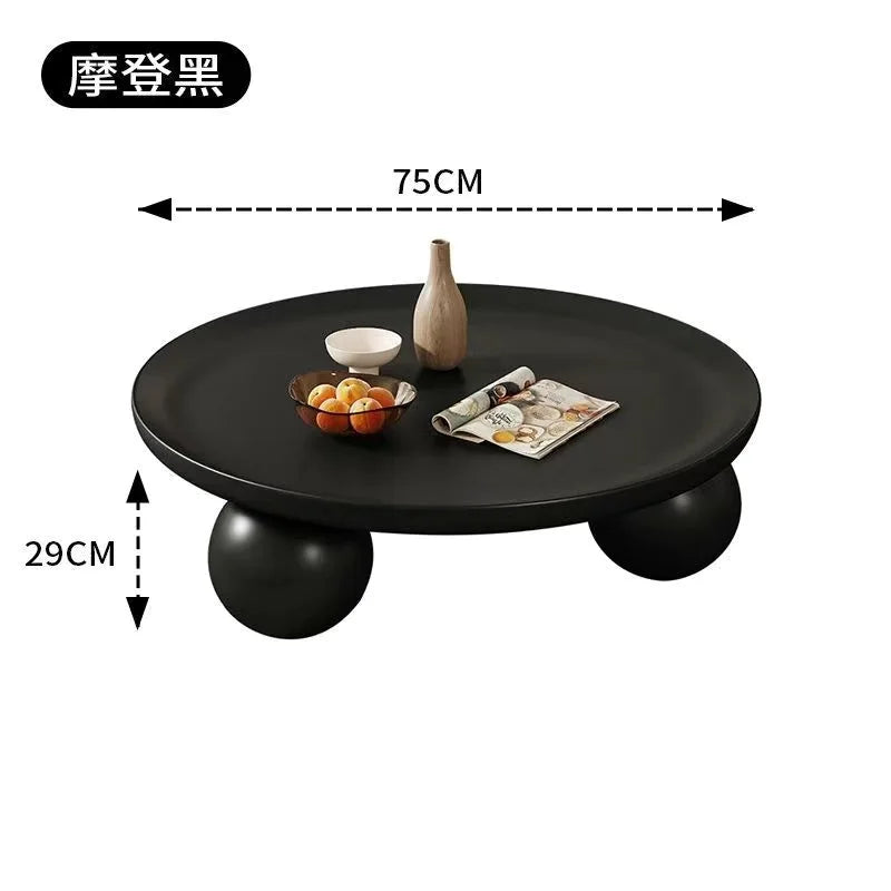 table basse ronde moderne pieds sphériques diamètre 75cm noir blanc cassé tulipes roses fleurs