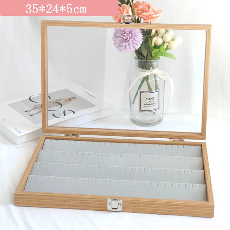 boîte bijoux bois naturel moderne boucles doreilles cadenas 35x24x5cm organisateur rangement transparent grille