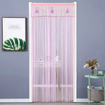 rideau porte decoratif rose violet turquoise personnages enfants plissures bordure motifs translucide enfantin barre