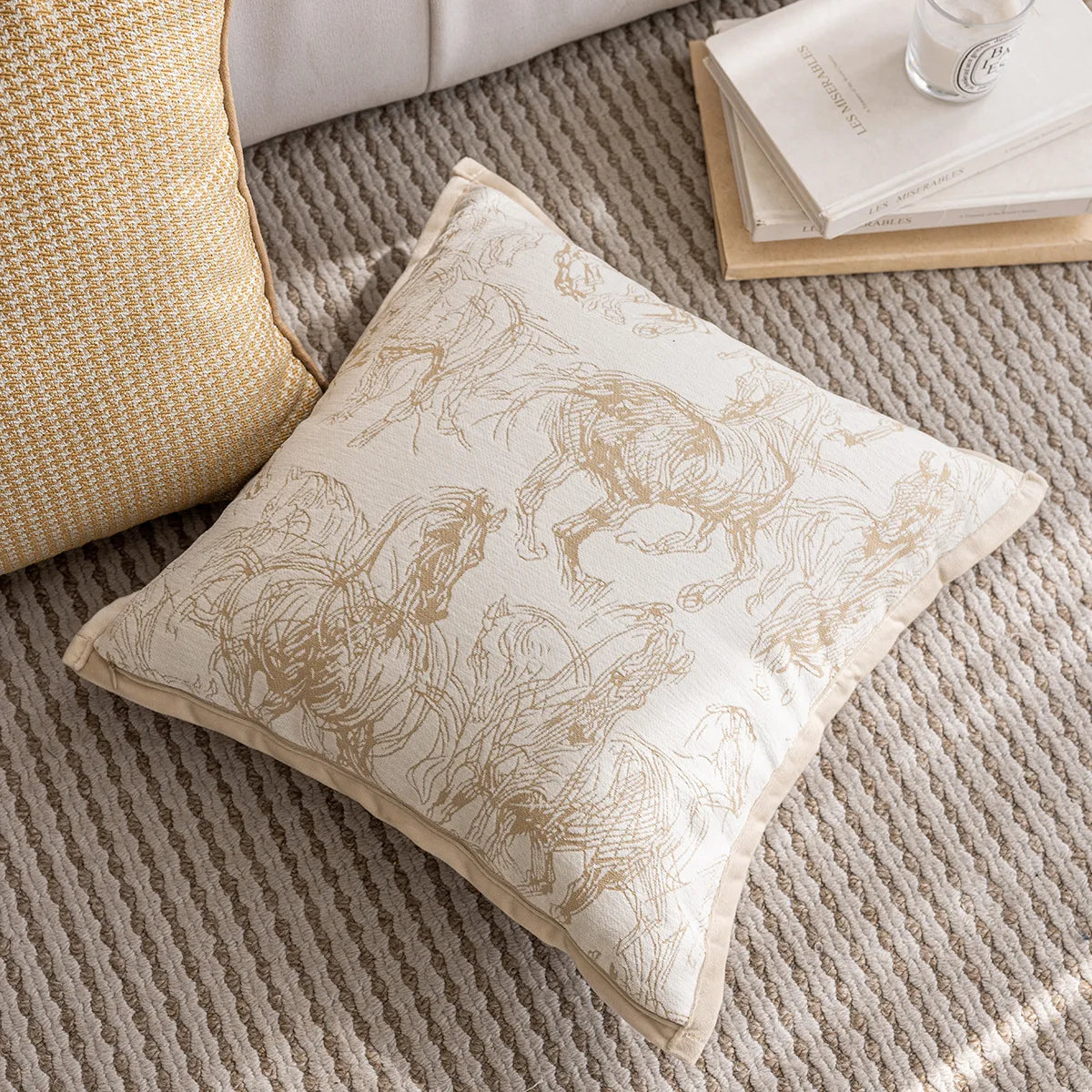 taie d'oreiller carrée jacquard géométrique beige marron contemporaine opaques décoration maison voitures polyester 45x45cm