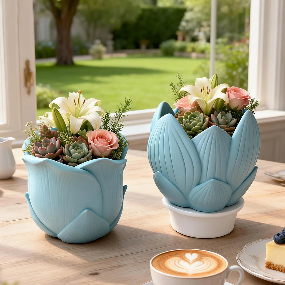 cache pot silicone bleu clair moderne feuilles stylisées succulentes fleurs artificiellesintérieur décoration plâtre