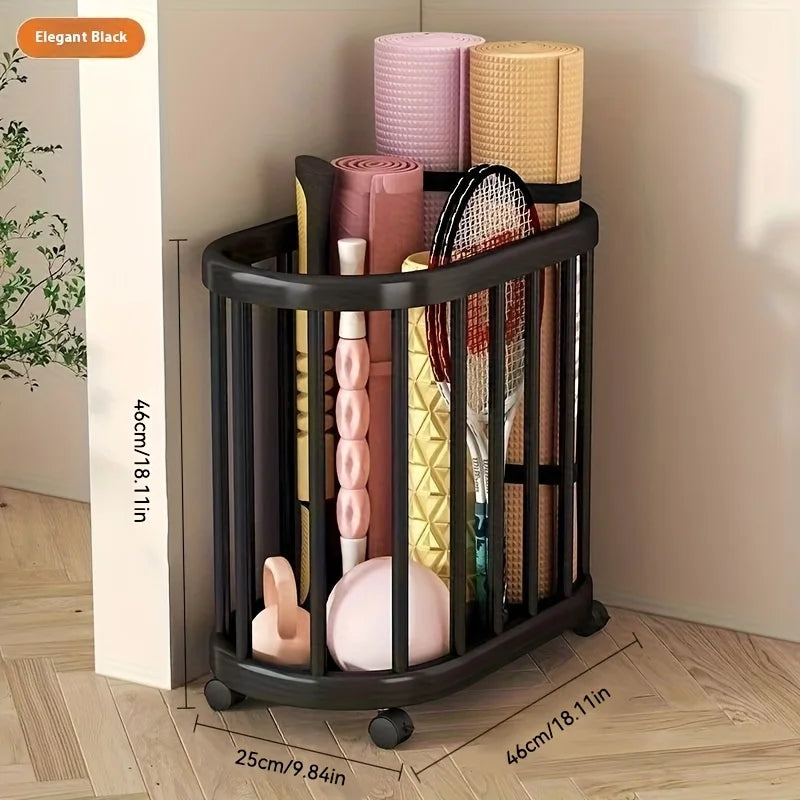 chariot rangement mobile tapis yoga haltères raquette tennis jouets vestes minimalistes
