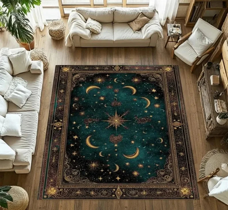 tapis violet étoiles lune motifs floraux bordure ornée classique vintage salon chambre deco polyester