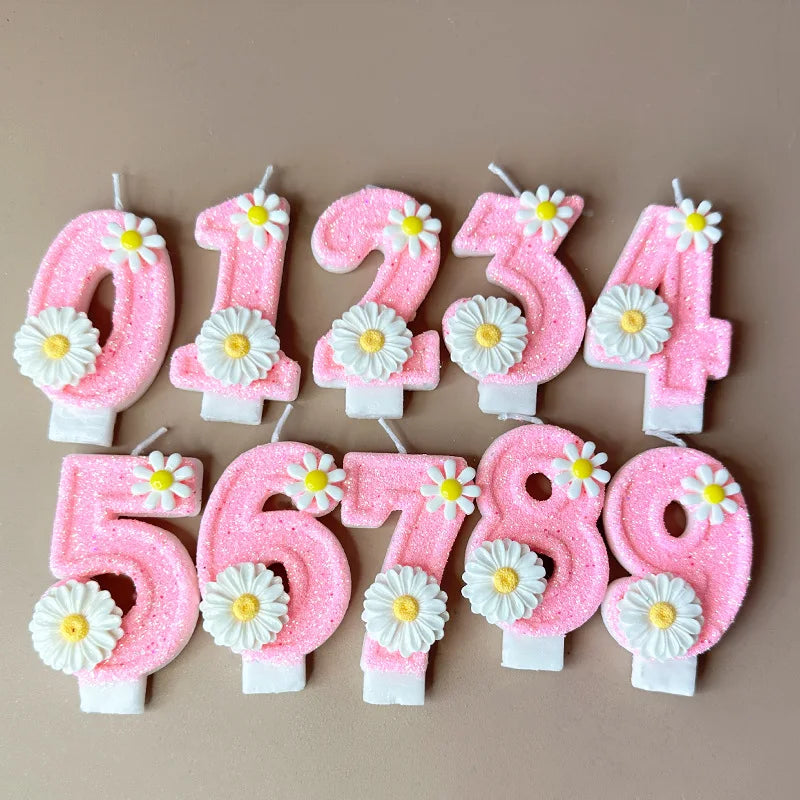 bougies anniversaire chiffres rose blanche marguerites paillette décoratives enfantines